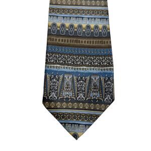 Rene Chagal Handmade Baroque Stripe Tie Blue Gray‎ Taupe Gold Ornate Classic